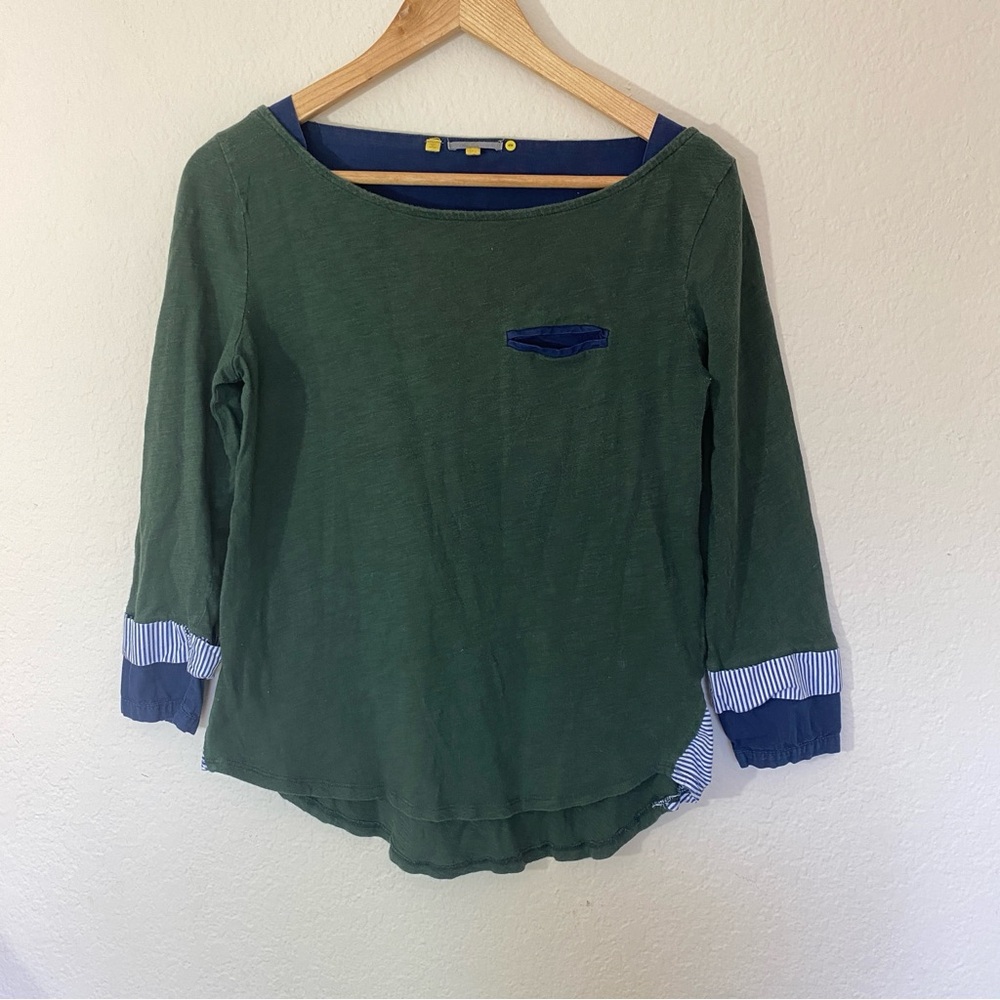 Anthropologie Little Yellow Button 3/4 length green and blue shirt